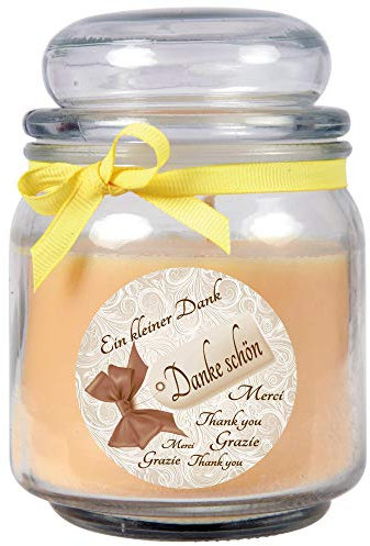 HS Candle Dankes-Duftkerze im Bonbonglas Danke, Duft: Vanille (Gelb), 300g - Brenndauer bis zu 70 Stunden, Kerze aus Glas mit Duft