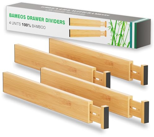 BAMEOS Bamboo Expandable Drawer Dividers – Fits 16.6–22 Drawers, 2 High, Set of 4 | Spring-Loaded Bamboo Separator for Kitchen Island, Bathroom Vanity & Dresser Drawers
