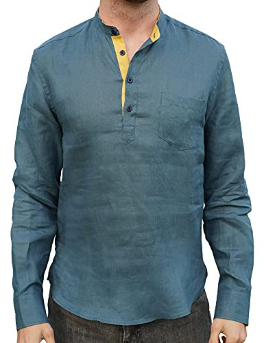 Borges & Scott - 100% Irish Linen Grandad Henley Shirt - Long Sleeve - Teal - L
