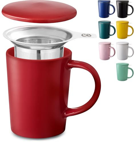Cosumy Teetasse mit Sieb und Deckel - Keramik Rubinrot - Hält Lange Warm - 400ml Groß - Spülmaschinenfest