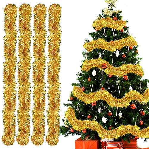 Weihnachtsgirlanden, 4pcs Lametta Weihnachtsbaum, 2m Lametta Girlande, Lametta Girlande Weihnachten, Weihnachtsdeko Lametta für Weihnachtsbaum Weihnachtsfeier, Geburtstagsparty Dekoration(Gold)