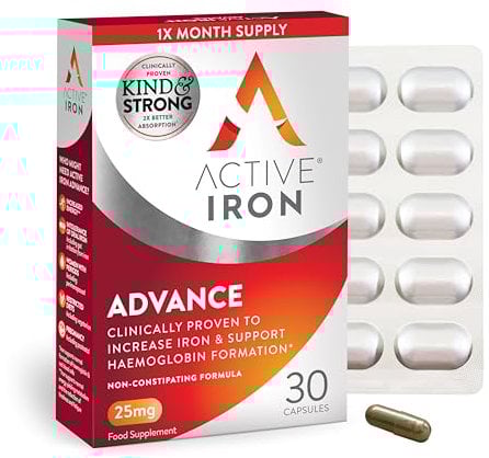 Active Iron Advance Supplement 25 mg, Non Constipating, Clinically Proven to Increase Iron Levels, Fights Tiredness & Fatigue, 30 Capsules, 1 Month Supply
