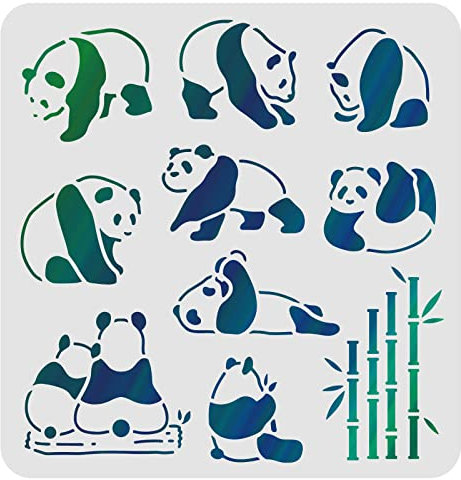 FINGERINSPIRE Schablonen Panda und Bambus, 30 x 30 cm, Schablonen aus Kunststoff, Panda, Schablonen, Dekoration, quadratisch, Schablonen für Malerei auf Holz, Boden, Wand und Stoff