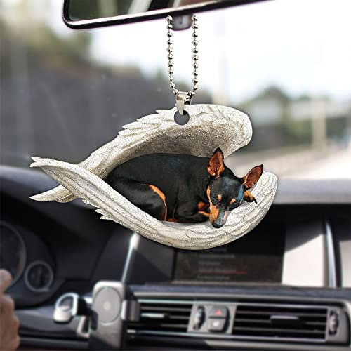 Talataca Miniatur Pinscher Schlafender Engel Tier Hund Bauernhaus 2D Flach Auto Rückspiegel Zubehör Weihnachtsbaum Ornament Dekoration Hängender Charm Interior Rückansicht Anhänger Dekor Geschenk