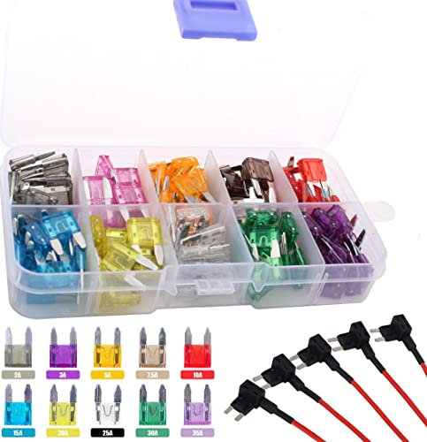 RUNCCI-YUN 125 pcs Mini KFZ Sicherung Set, Automotive Flachsicherungen -2A 3A 5A 7.5A 10A 15A 20A 25A 30A 35A +5 pcs Mini Autosicherungen Stromdieb Sicherungen Verteiler für PKW/Wohnmobil/LKW