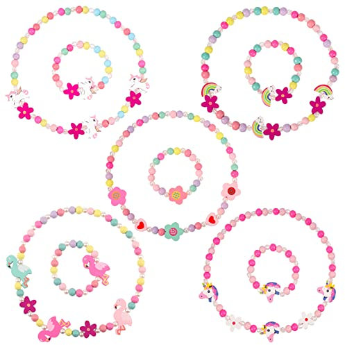 RosewineC 10 Stück Holz Kinder Schmuck Set, Mädchen Schmuck Halskette und Armband Set, Regenbogen und Einhorn Perlen Holzkette Perlenkette für Kinder Mädchen, Prinzessin Mädchen Dress Up Set