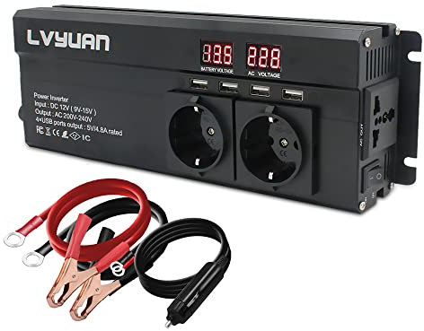 Spannungswandler 12V 230V 1100W Wechselrichter mit 3 Steckdose und 4 USB LED Spannungsanzeige schwarz /2600W Stoßkraft