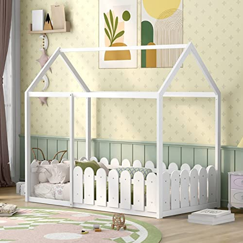 Bodenbett Kinder, Hausbett für Kinder Bettgestell Weiß Massivholz Kinderbett Holzhaus Bett Bodenbett Bettgestell Bett Schlafzimmer Bett 80X160