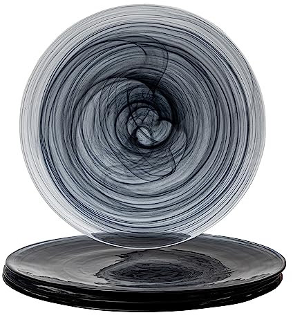 Vikko Platzteller, Set mit 4 schwarzen Alabaster-Speisetellern, 33 cm Teller mit marmoriertem, Wirbel-Design, elegantes Glas-Ladegerät, spülmaschinenfest
