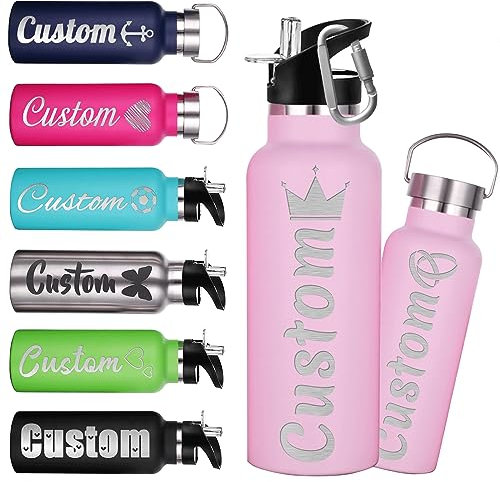 Custom Water Bottles 12oz Personalised Stainless Steel Water Bottle with Straw Lid Customised Insulated Double Wall Bottles with Engraved Name Text for School Sports-Pink