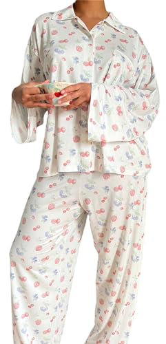RWYBEYW Y2K Lounge-Sets für Damen, 2-teilig, Affen-Blumenmuster, Button-Down-Shirt, weites Bein, Palazzo lange Hose, passende Pyjama-Outfit-Sets, A# Cherry White Pant Set, M