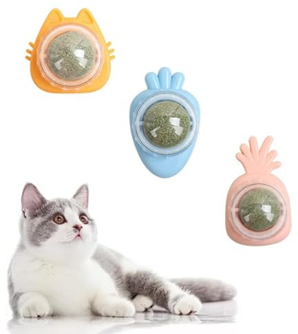 Katzenminze Ball 3 Stück Katzenminze Ball 360° Rotierende Natürliche Katzenminze Bälle Spielzeug Selbstklebend Katzenspielzeug Essbar mit Katzen Minze Spielzeug Katze Kugel Cat Interaktives Spielzeug