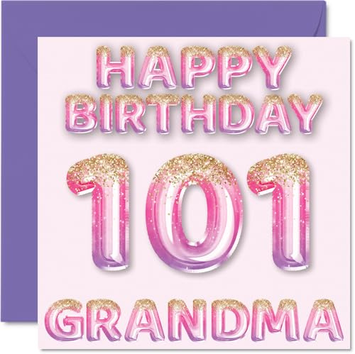 101st Birthday Card for Grandma, Pink & Purple Glitter Balloons | Happy Birthday Cards for 101 Year Old Grandma from Grandson Granddaughter, 145mm Bday Greeting Cards Gift