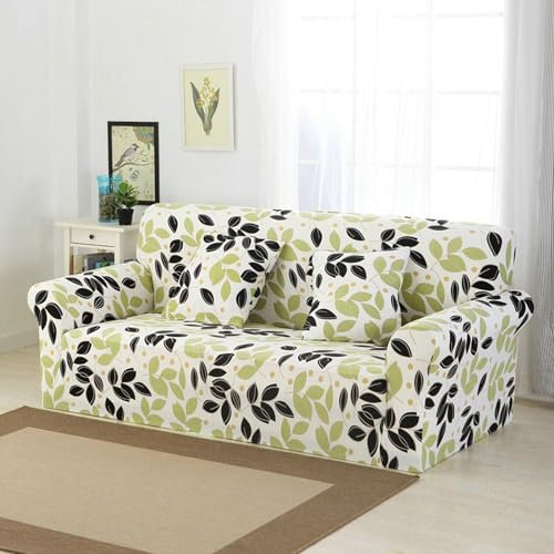 Bishilin Sofa Überzug U Form 1 Sitzer, Couchbezug Stretch 90-140CM Landhausstil mit Blätter Muster Sofaüberwurf rutschfest Sofabezug Universal Grün Schwarz