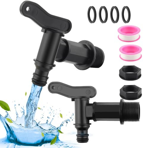 Rain Bucket Outlet Tap,YIJIUBA 2 Stück Wasserhahn für Regentonne, Kunststoff-Wasserhahn, Auslaufhahn für Regentonne mit Dichtungsmutter und Dichtungsband für Regeneimer, Tank, Gartenarbeit (Schwarz)