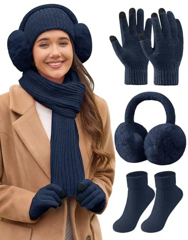 PASUDA Damen Wintermütze Schal Handschuhe Ohrenschützer und Socken Set Winter Warme Beanie Strickmütze Lang Winterschal Winterhandschuhe Plüsch Ohrenschützer Winterzubehör Kombi Set (Marine, One Size)