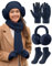 PASUDA Damen Wintermütze Schal Handschuhe Ohrenschützer und Socken Set Winter Warme Beanie Strickmütze Lang Winterschal Winterhandschuhe Plüsch Ohrenschützer Winterzubehör Kombi Set (Marine, One Size)