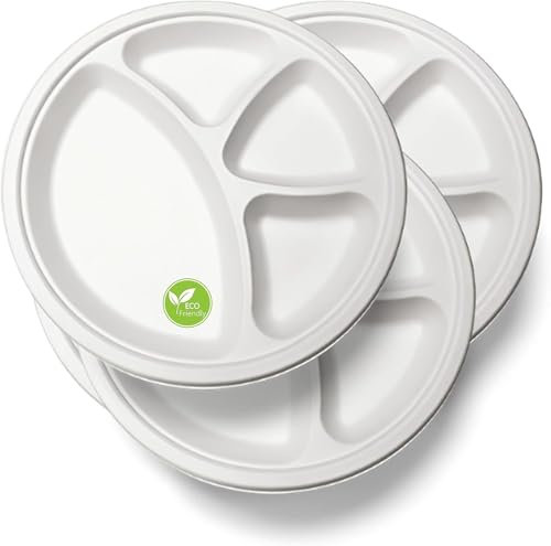 aangel ENTERPRISE PACK of 25, 11 inch LARGE PREMIUM QUALITY STRONG PARTY PLATES 4 Compartment Dinner Plates Strong Super Rigid ECO FRIENDLY BIODEGRADABLE PLATES Extra Strength Disposable Plates