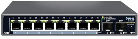 Davuaz 10-Port 2.5G Ethernet Switch, 8 x 2.5G RJ45 Ports, 2X 10G SFP+ Optical Ports, Compatible avec 100/1000/2500Mbps Network Switches, Metal Fanless, Plug and Play, Suit pour Wireless AP, NAS, PC
