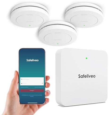 Safeliveo Rauchmelder 10 Jahre Batterie Vernetzt Smart Feuermelder WLAN 3er Set mit Basisstation, Brandmelder mit 85dB Hörbarer Alarm