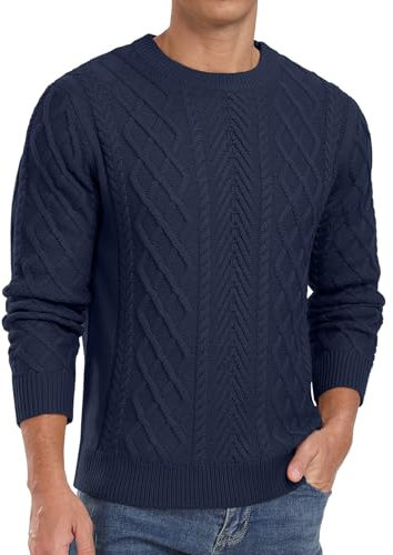 QIXING Men's Jumpers Cable Knit Crew Neck Long Sleeve Thick Sweaters for Men UK Fisherman Textured Soft Knit Casual Pullover (C Navy Blue, M)