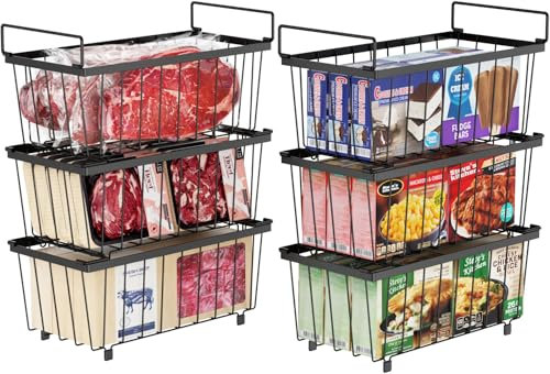 iSPECLE Gefrierschrank Organizer Behälter – 6er Gefriertruhe Körbe für 198L Tiefkühltruhen Sortieren Gefrorenes Fleisch, Sparen Platz, Stapelbare Gefrierkörbe Mit Griffen Leicht zu Erreichen, Schwarz