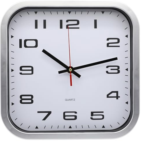 TECHZOCO Reloj de Pared, Apto para Oficina, Cocina, Dormitorio, Movimiento Cuarzo silencioso, Reloj Decorativo, Marco Plateado Esfera Blanca, Diseño Cuadrado, 27.5 cm