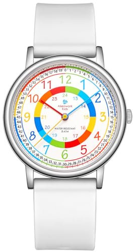 Alienwork Lernuhr Kinderuhr Jungen Mädchen Uhrzeit Lernen Silber Silikon-Armband Weiss Mehrfarbig Kinder-Uhr Zeit Lernen Ultra-flach dünn