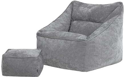 Icon Natalia Sitzsack Sessel mit Hocker für Erwachsene, Grau, Flauschiger Chenille Stoff, Riesen Sitzsack mit Füllung, Bean Bag Chair, Bequemer Sessel, Lounge, Schlafzimmer, Wohnzimmer Möbel