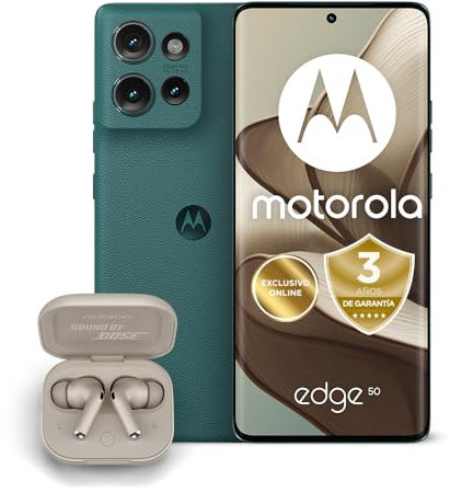Motorola Edge 50,24GB (12+12GB RAM Boost)/512 GB, Verde + Moto Buds+ Sound by Bose. Certificación Militar de Durabilidad, Pantalla 6,7 pOLED 1.5K, cámara 50MP y Zoom 3X, TurboPower de 68 W, Funda