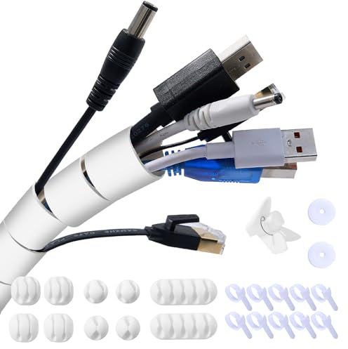 Garrulo Cable Tidy Sleeve, Flexible White Cable Management Kit with 10* Silicone Cable Holders + 10* Cable Ties + 2 * 1M Self-Adhesive Tape + 1* Clip, Cable Spiral for TV/PC