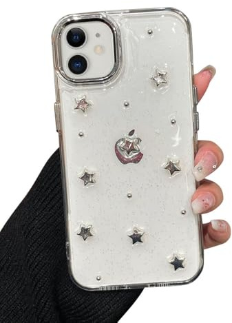 EYZUTAK Case for iPhone 12/12 Pro, Bling Glitter 3D Silver Stars Phone Case | Sparkly Crystal Clear Phone Cover, Star Aesthetic Design, Slim Soft Durable TPU Transparent Protective Cover, for Women Girls