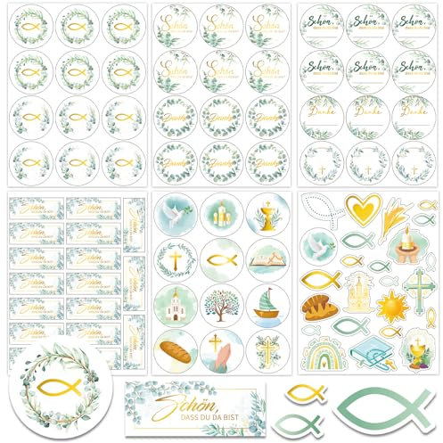 HOWAF 24 Bögen-356pcs Aufkleber Kommunion Konfirmation Taufe, Fisch Eukalyptus Aufkleber Schön DASS du da bist, Aufkleber Danke Kommunion Sticker für Taufe Konfirmation Erstkommunion Kommunion Deko