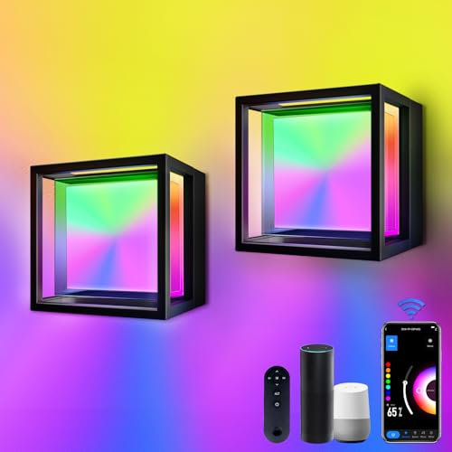 Smart LED Wandlampe Außen/Innen, 13W-RGB Farbwechsel Outdoor Wandleuchte, Dimmbar Wandlampe mit Fernbedienung Funktioniert mit Alexa, Google Assistant und APP für Innen-und Außenbereiche 2 Stück