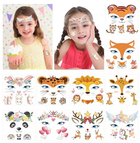 10 Stück Face Art Sticker Tier Gesichtstattoo Karneval, Einhorn Leopard Tiger Giraffe Temporäres Tattoo Set, ablösbare Gesicht Aufkleber, Temporäre Tattoos für Fasching, Halloween Tierkostüm Partys