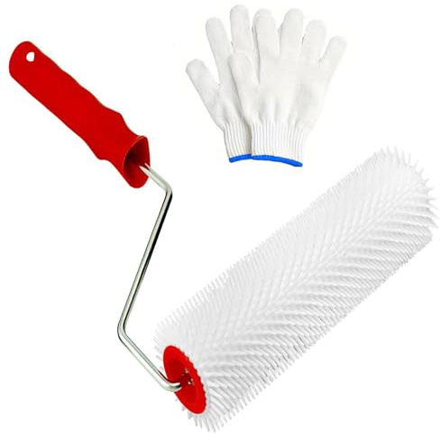 Entlüftungsroller Stachelwalze, 23 cm Stachelwalze, Stachellänge 14mm, Stachelwalze für Ausgleichsmasse, mit Handschuhe, Zum Entgasen von Bodenbeschichtungen und Glätten von Oberflächen