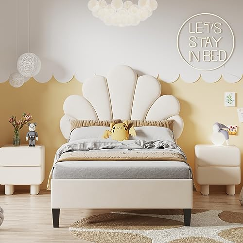 Mutuolux Lit Fille Simple 90 x 200 cm, rembourré, avec tête de lit en Forme de Fleur et sommier à Lattes, Cadre de Lits Stable, pour d'enfant et d'adolescent, Velours Doux pour la Peau,Beige