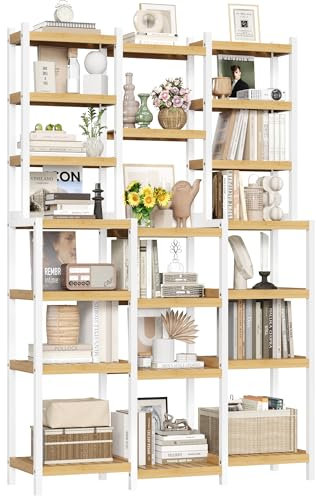 FOREHILL Bamboo Storage Shelf, 7-tier Free Standing Shelving Unit, Plant Stand Storage Rack, Bookshelf with 20 Open Shelves for Bathroom Kitchen Living Room 105x28x160.7cm White+Natural