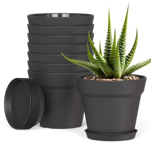 Plastic Plant Pots Indoor Outdoor, 8 Pack 4Inch/10CM Large Plant Pots Flower Pot with Drainage Holes and Tray,Modern Decorative Planter Pot for All House Plants(Black)