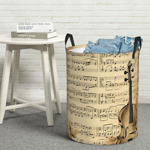 Wäschekorb mit Griffen, großer Wäschekorb, zusammenklappbarer Wäschesack, Musiknoten auf altem Papier, runder Aufbewahrungskorb, moderner Aufbewahrungskorb für Spielzeug, Kissen, Decken, Kleidung