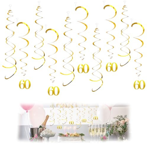 20 Stück Gold 60 Geburtstag Deko Spiralen,60 geburtstagsdeko luftschlangen, Spirale Girlande für Feier Dekoration, Klassentreffen Dekoration