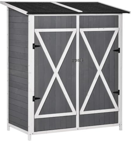 Outsunny Gartenschrank 2-Tür Asphaltdach 139 x 75 x 160 cm Grau+Weiß | Geräteschuppen, Geräteschrank, Gartenlagerschrank, Antidumping Design, Bodennägel, Tannenholz