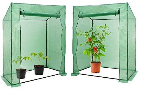 ECD Germany 2X Foliengewächshaus Grün, 200x79x168cm, Stahl, Tomatengewächshaus mit Gitternetzfolie/aufrollbare Tür für Garten zur Aufzucht, Schrägdach, Treibhaus Tomatenhaus Pflanzenhaus Anzuchthaus