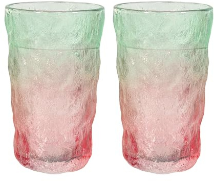 CZCMYAU 350ml Drinking Glasses,Glacier Glass Water Cup Set of 2 Cocktail Glasses Mug for Wine Beer Juice Mojito Water Glasses for Home and Bar(Pink & Green)