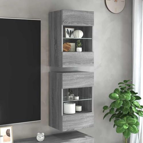 Qnhdfrt LED Wandboard Lowboard 2er Set Grau Sonoma 40 x 30 x 60,5 cm Holzwerkstoff mit RGB Beleuchtung und Glasablage platzsparendes TV Sideboard für Wohnzimmer Schlafzimmer