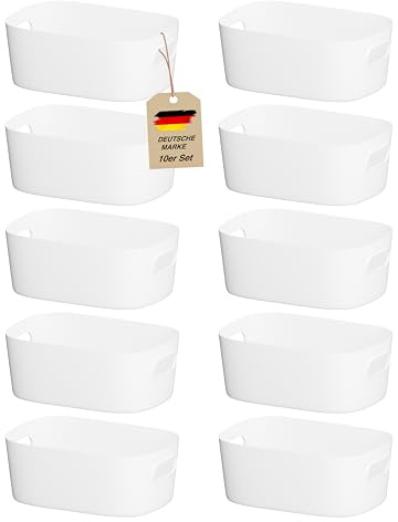 VMbathrooms Aufbewahrungsboxen mittelgroß 10er-Set Weiß Größe M BPA-frei | Regal- & Schrankorganisation | Für Vorräte, Spielzeug, Textilien, Handtücher & Putzmittel | Ergonomische Griffe | Formstabil