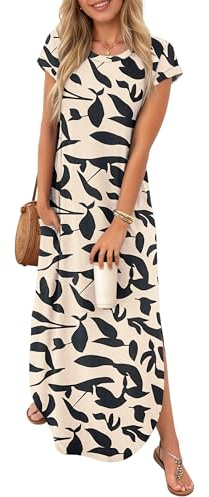PLOKNRD Sommerkleid Damen Tasche T-Shirt Maxi Kleid Kurzarm Schlitz A Linie | Rundhalsausschnitt Strandkleider Freizeit Shirtkleid Sportliche Kleider Tunika Lang Blusenkleid MaxiKleid Loose Boho Party
