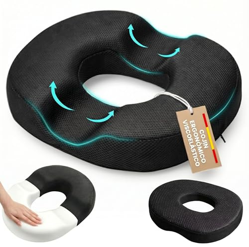 AYALMA Cojín Ergonómico Viscoelástico de Coxis con Forma de Dónut – Ideal para Silla de Oficina, Coche y Teletrabajo en Jornadas Largas – Funda Transpirable Extraíble y Lavable a Máquina