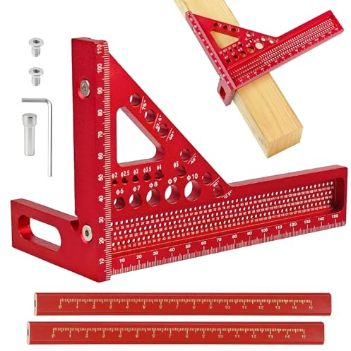 3D Carpenters Square, 22.5-90 Degree Angle Measurement Tool, High Precision Speed Square, Multi-functional Engineers Square with 2 Woodworking Pens for Engineers Woodworking (Red)