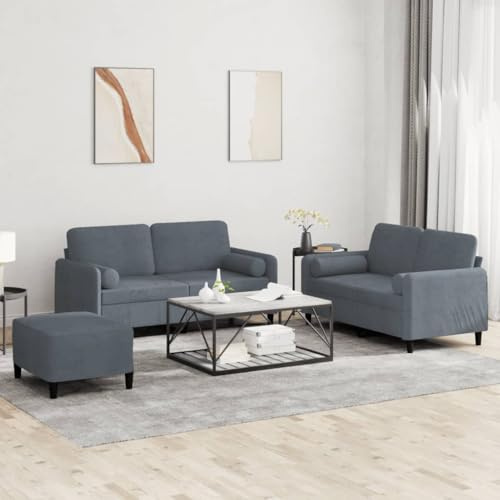 HETFTJN 3-teilige Samt-Sofagarnitur Dunkelgrau 138 x 77 x 80 cm Modernes Big Sofa Zweisitzer Couch mit Hocker und Rollkissen Bequem & Langlebig für Wohnzimmer Jugendzimmer Balkon und mehr